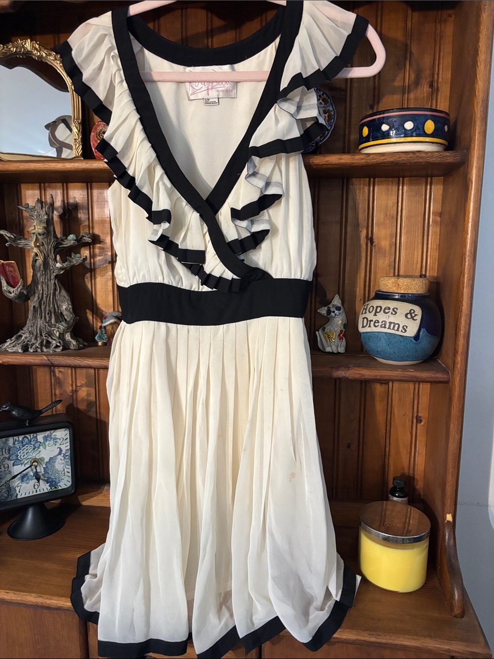 Forever 21 Cream Midi Dress with Black Ruffle Trim